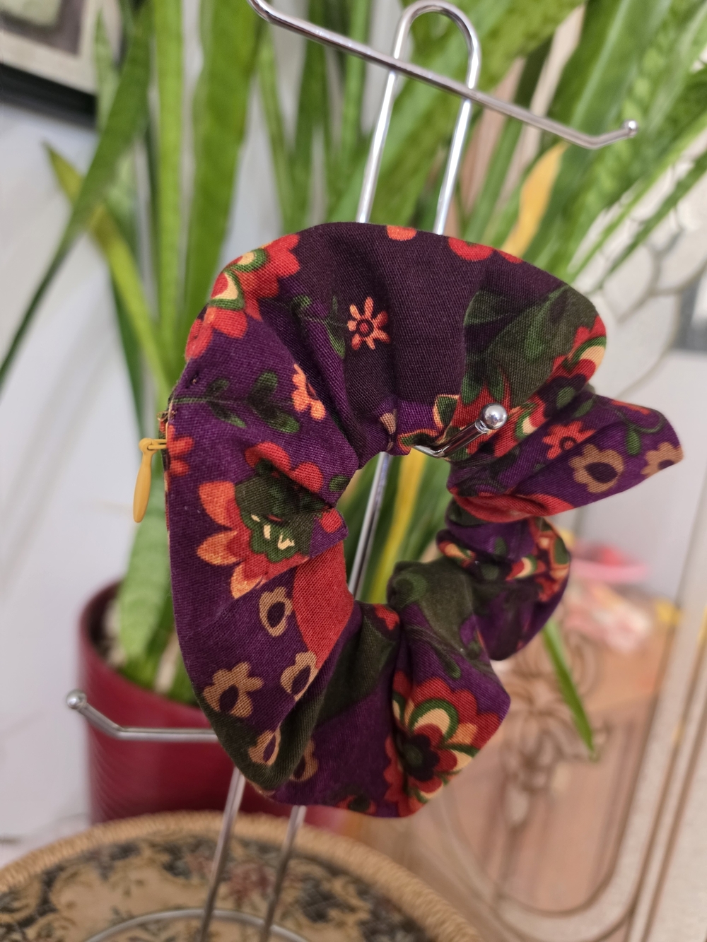 Floral Purple Cotton Scrunchie Hair Accessory With Zipper Pocket!